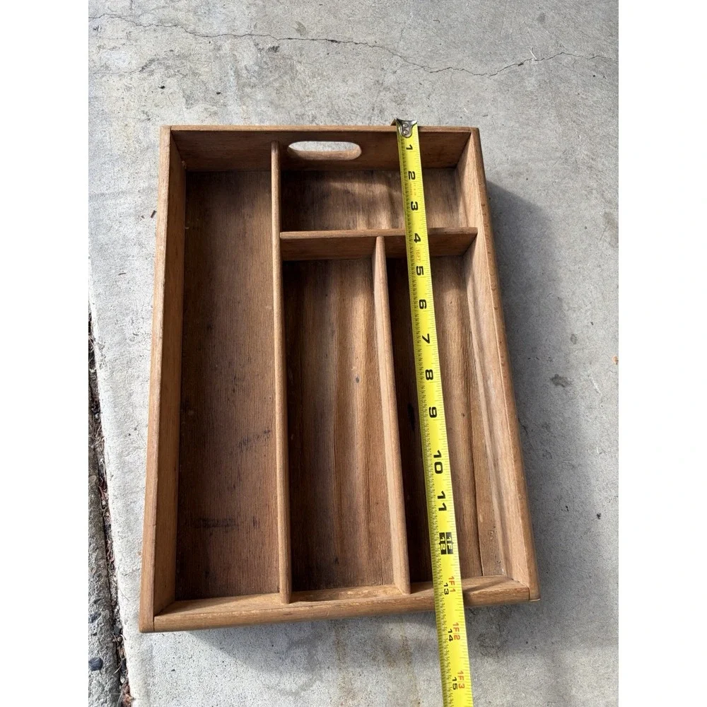 Vintage Wooden Trinket Riser Organizer Utensil Divider Tray Primitive Dovetail